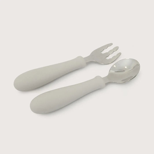 Set cuchara y tenedor silicona acero giratorios gris