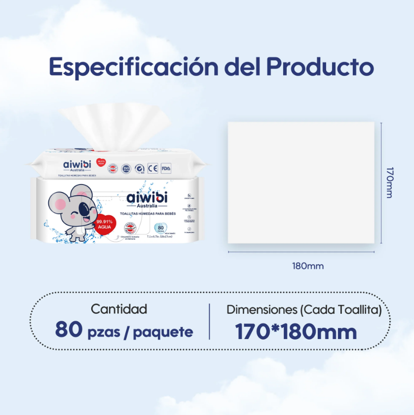 3 Paquetes de Toallitas húmedas para bebés 99,91% de agua / 240 unidades