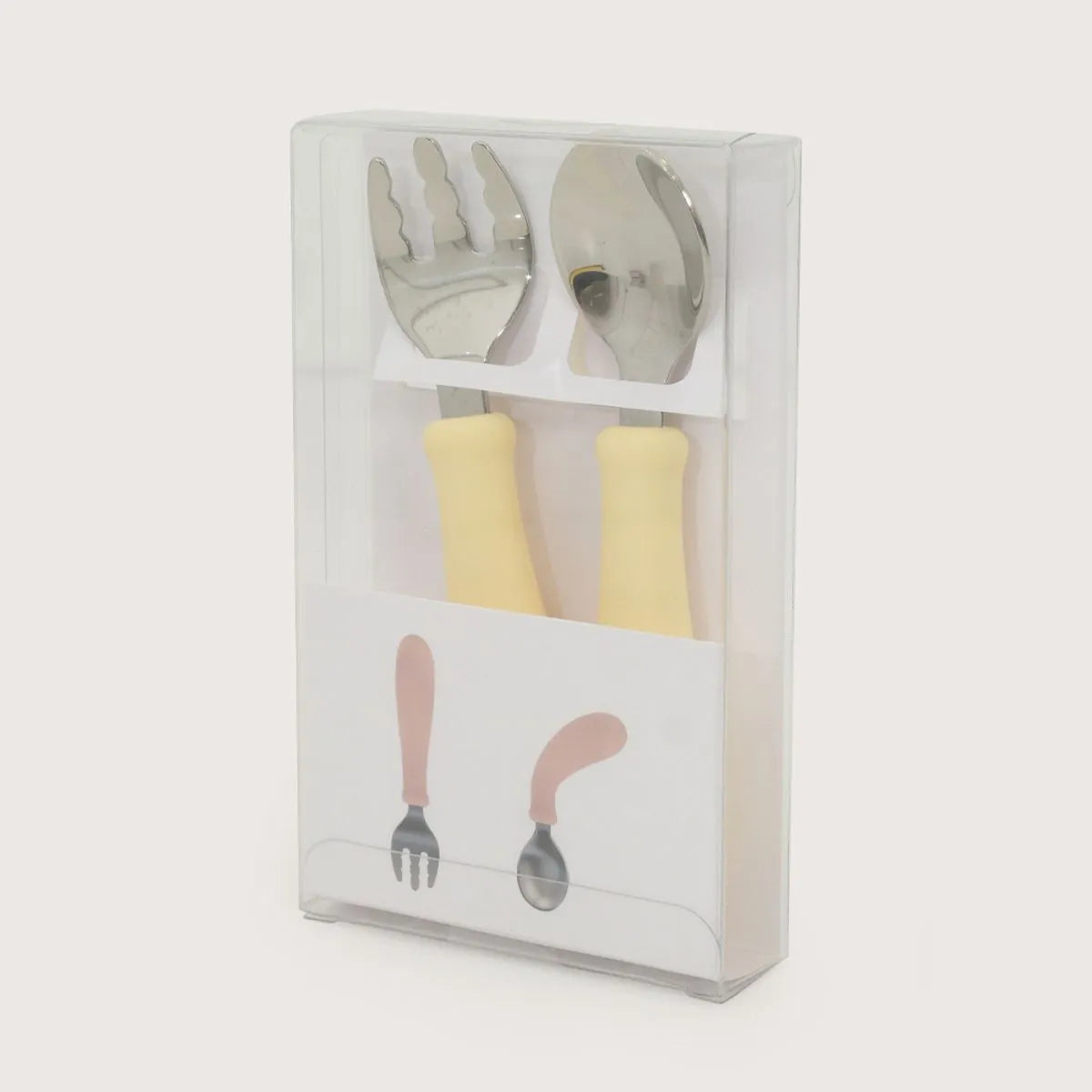 Set cuchara y tenedor silicona acero giratorios amarillo