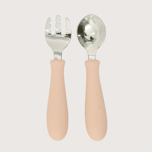 Set cuchara y tenedor acero giratorios rosado