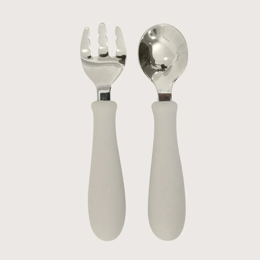 Set cuchara y tenedor silicona acero giratorios gris