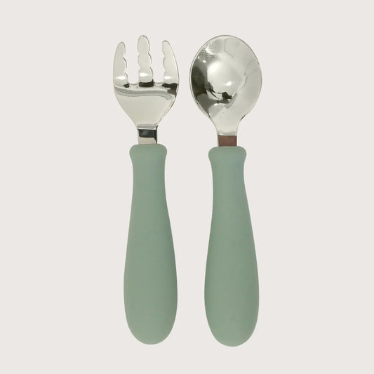 Set cuchara y tenedor silicona acero giratorios verde