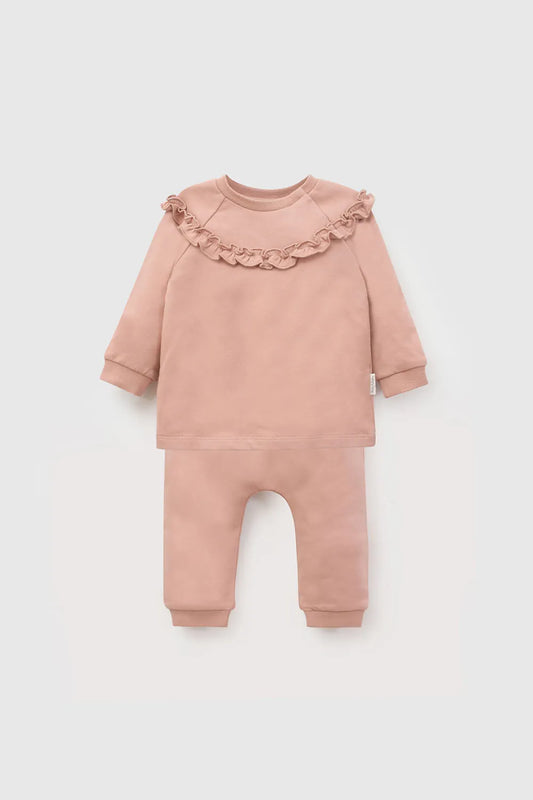 Conjunto cuello vuelos niña rosado Polycotton