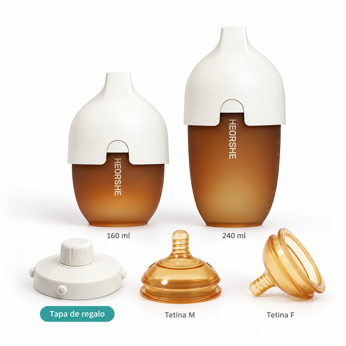 Kit Mamaderas Heorshe 160 + 240 ml con Tetinas M y F + Tapa de Regalo