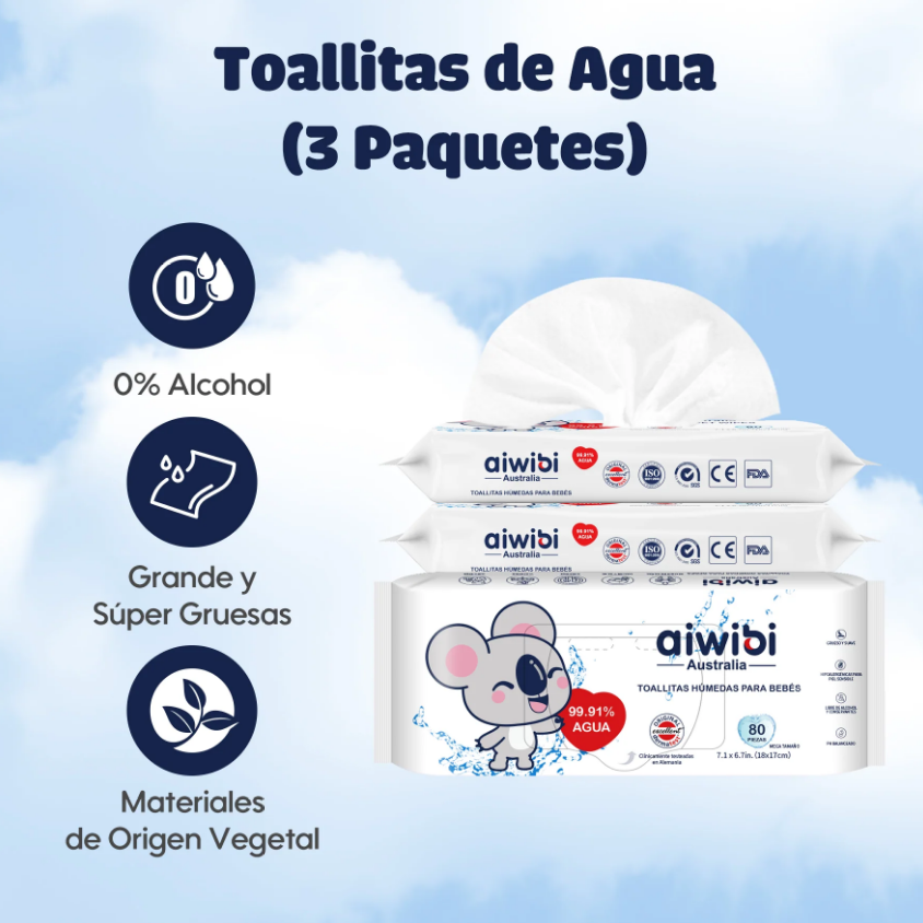 3 Paquetes de Toallitas húmedas para bebés 99,91% de agua / 240 unidades