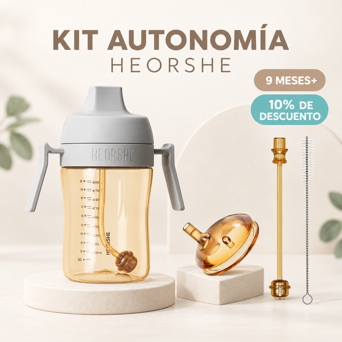 Kit Autonomía Heorshe 300 ml con boquilla y bombilla Stage 2 para bebés desde 9 meses